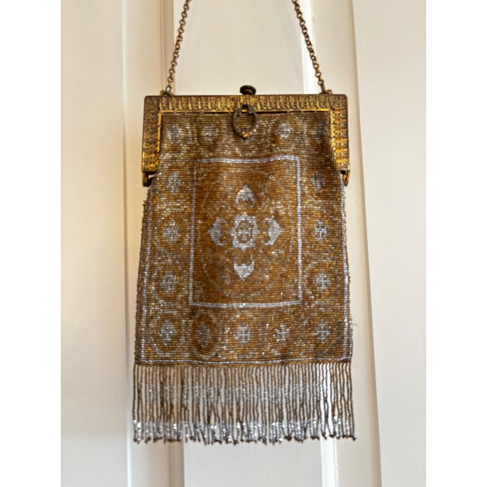 Antique 1920s French Steel Beaded Fringe Purse Art Deco Bronze Silver Bag
